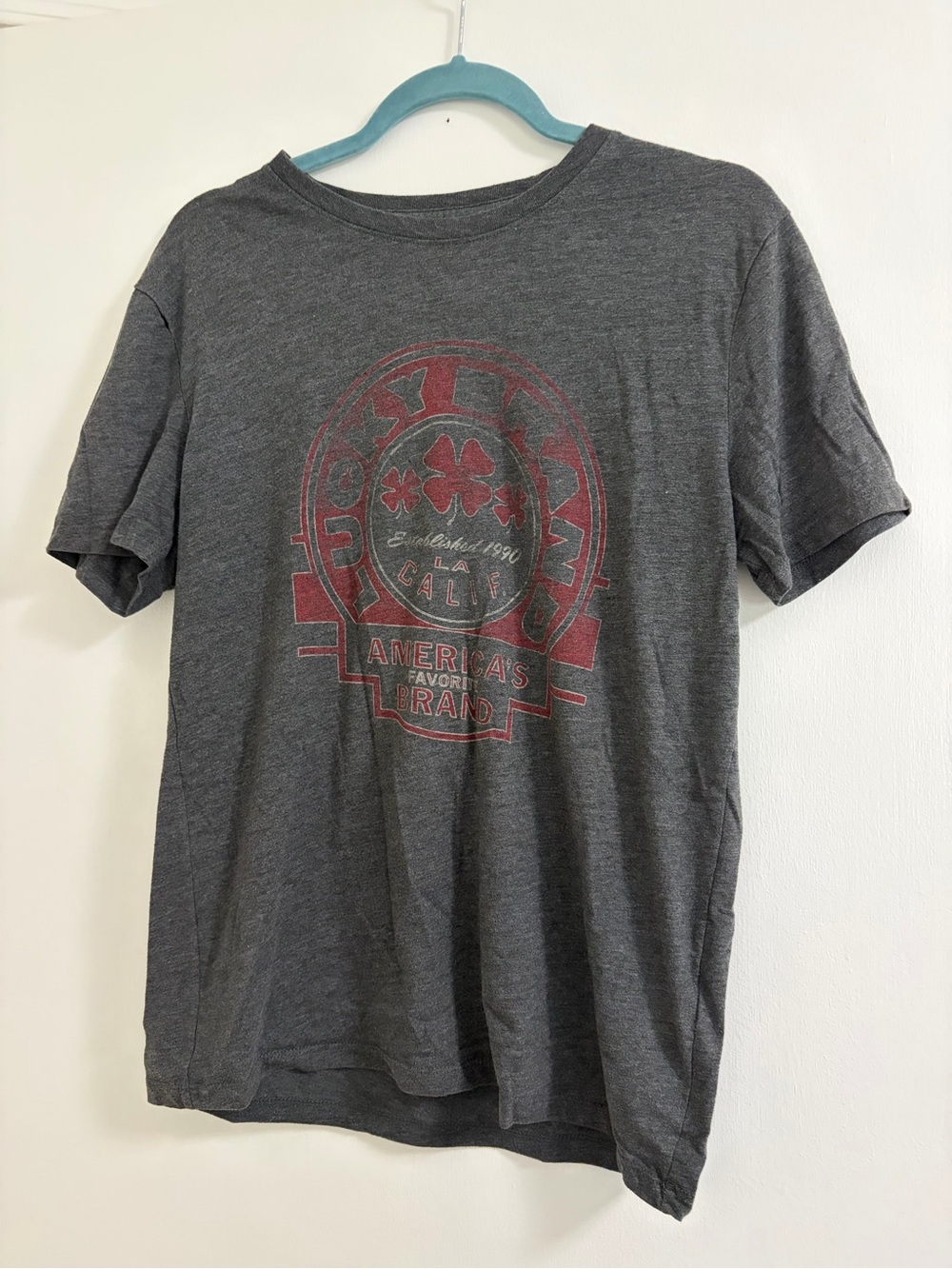 Lucky Brand Charcoal Gray Short Sleeve Graphic Tee with Red Print